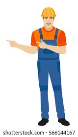 Two index fingers pointing. Builder showing somewhere. Full length portrait of builder in a flat style. Vector illustration.