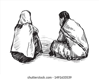 Two India woman are sitting and talking in Varanasi, hand draw sketch 