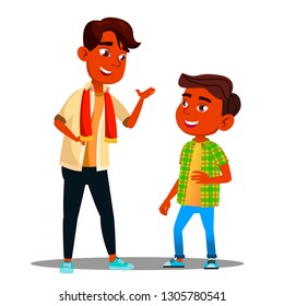 Two Indian Boys Talking To Each Other Vector. Isolated Illustration