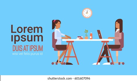 Two Indian Business Woman Sitting Desk Working Laptop Computer Businesswoman Office Worker Flat Vector Illustration