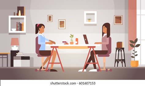 Two Indian Business Woman Sitting Desk Working Laptop Computer Businesswoman Office Flat Vector Illustration