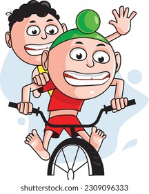 Zwei indische kleine süße Kinder fahren mit dem Fahrrad. Aufkleber. Cartoon. Karikatur.