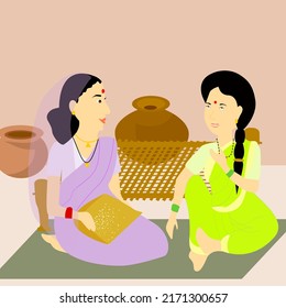 Two Indian rural women talking together at home, gossiping, lifestyle of village people. 