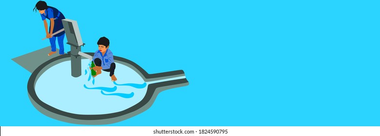 Two indian village government school student drinking water on hand pump together on blue background abstract art for educational concept.