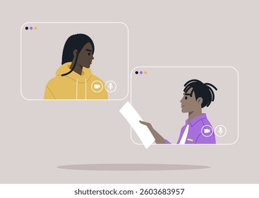 Two individuals are actively communicating on a digital platform, one preparing notes while attentively listening to the other, highlighting remote collaboration and teamwork