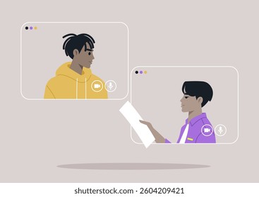 Two individuals are actively communicating on a digital platform, one preparing notes while attentively listening to the other, highlighting remote collaboration and teamwork