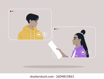 Two individuals are actively communicating on a digital platform, one preparing notes while attentively listening to the other, highlighting remote collaboration and teamwork