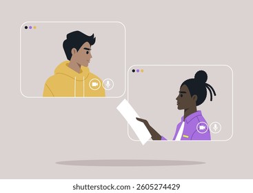 Two individuals are actively communicating on a digital platform, one preparing notes while attentively listening to the other, highlighting remote collaboration and teamwork