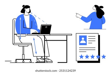 Dos individuos se comprometieron activamente - uno sentado con una computadora portátil y otro apuntando. Un currículum vitae con una calificación de cinco estrellas también es visible. Ideal para aplicaciones en línea, búsqueda de empleo, espacios de trabajo modernos