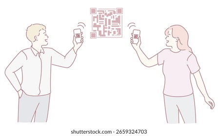 Dos personas están interactuando activamente con los dispositivos móviles mientras escanean un código QR para mejorar su experiencia