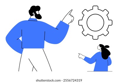 Two individuals in blue outfits are discussing a large cogwheel. Ideal for teamwork brainstorming collaboration engineering innovation problem-solving discussions cooperation mechanics business