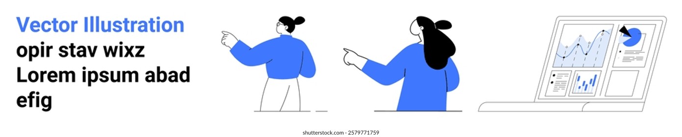 Two individuals in blue and white attire are pointing at a laptop displaying data and charts. Ideal for presentations, data analysis, teamwork, business strategies, and technology. Banner for landing