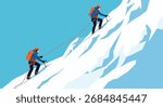 Two individuals in bright jackets and backpacks climbing a challenging snowy mountain slope with ice axes.