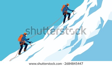 Two individuals in bright jackets and backpacks climbing a challenging snowy mountain slope with ice axes.