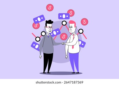 Two individuals in business attire shaking hands against purple background filled with currency symbols and cash icons. Agreement and collaboration in financing concept