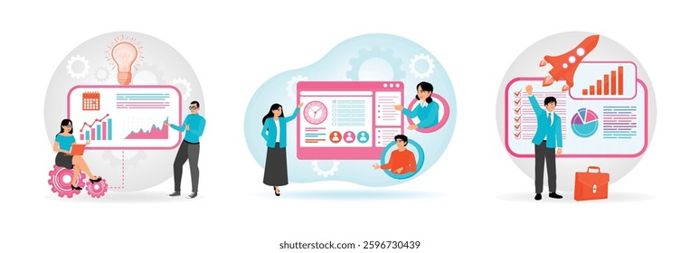 Two individuals collaborate to analyze data visualized. A digital interface screen. A man who successfully advances business through research and analysis. Set flat vector modern illustration 