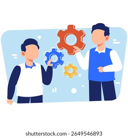 Two individuals collaborate using interconnected gears, symbolizing teamwork, innovation, and strategic progress toward success