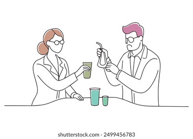 Two individuals collaborating in a laboratory setting Hand drawn offset fill with doodle illustration