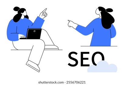 Two individuals are collaborating, one with a laptop and pointing upwards, the other pointing to the side. Ideal for teamwork, digital strategy, online marketing, SEO, web optimization. Simple