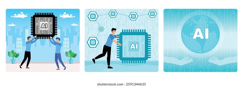 Two individuals collaboratively holding a massive AI microchip against. Male user Push and use chip with AI to help and support work. Hands reaching out technological lines.