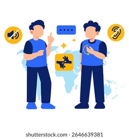 Two individuals communicate using sign language in front of a world map, symbolizing global unity, inclusion, and awareness of the deaf community.