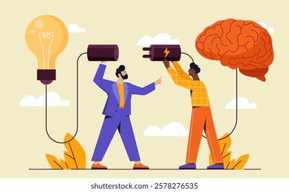 Two individuals connecting a lightbulb and brain with plugs, symbolizing idea generation and teamwork. Flat design on a light background. Concept of innovation. Vector illustration.