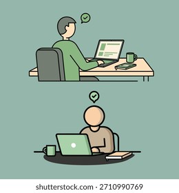 Dos personas que trabajan diligentemente en computadoras portátiles en escritorios separados, simbolizando la productividad, la colaboración remota o el enfoque individual en un espacio de trabajo compartido o distinto. Las marcas de verificación indican que se ha realizado correctamente.