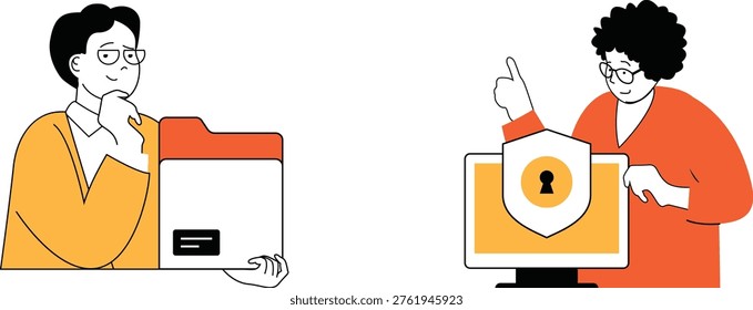 Two individuals discussing secure file storage and digital protection on their computers together