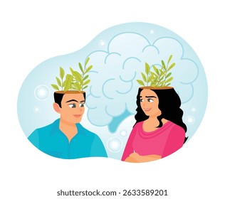Two individuals embodying open-mindedness, with plants growing from their heads symbolizing  brain relax and mind health. Brain activity concept.