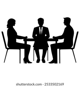 Two individuals engage in a discussion with a leader during a meeting around a table in a professional setting