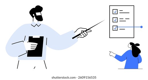 Two individuals engaged in a business presentation. One holds a clipboard and pointer, focusing on a checklist. Ideal for teamwork, business meetings, presentations, project management