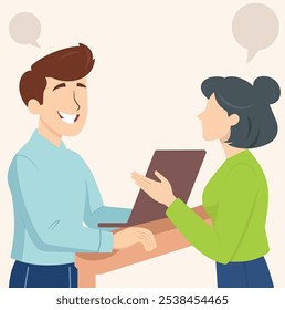 two individuals engaged in conversation, customer service interaction or a business meeting, Customer and Agent, customer talking to someone who helps them.