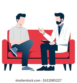 Two individuals engaged in a conversation on a red couch, likely in a counseling setting.
