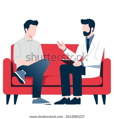 Two individuals engaged in a conversation on a red couch, likely in a counseling setting.
