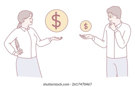Two individuals are engaged in a detailed monetary discussion, visualizing and contemplating various amounts