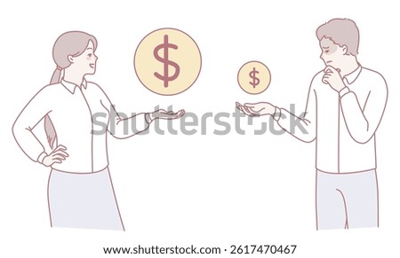 Two individuals are engaged in a detailed monetary discussion, visualizing and contemplating various amounts