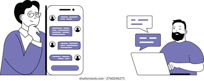 Two individuals engaged in digital communication through messaging and video call platforms on their devices