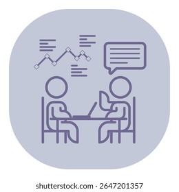 Two individuals engaged in discussion about data analysis at table, with graphs and text appearing above them. Insights and collaborative work concept