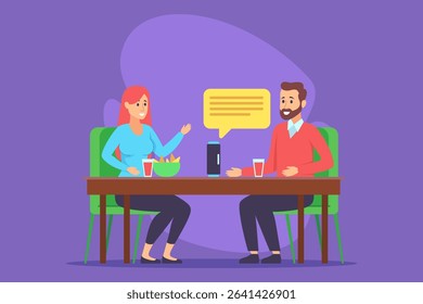 Two individuals engaged in discussion at table adorned with salad and drinks. Robotic device sitting between them, facilitating their conversation in colorful setting