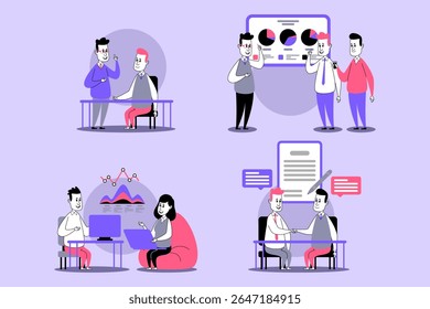 Two individuals engaged in discussion at table while others analyzing data on screens. Blend of teamwork and digital engagement concept