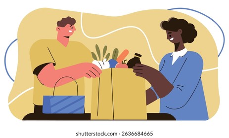 Two individuals engaged in a friendly grocery exchange, showcasing a variety of fresh produce and items in a colorful, modern illustration with a warm, inviting atmosphere