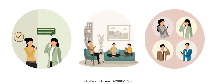 Two individuals engaged in mobile communication. A Group of People Relaxing Together sitting on a Home couch looking at their technology.  Group of people with smart phones.