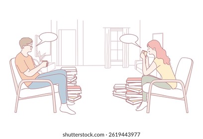 Two individuals are engaged in a thoughtful conversation in a minimalist library surrounded by books
