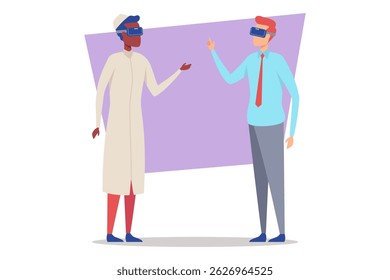 Two individuals engaged in virtual reality conversation. Men wearing VR headsets and distinct clothing styles, highlighting cultural diversity and technology
