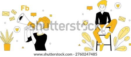 Two individuals engaging differently with social media communication and interaction through messages and symbols