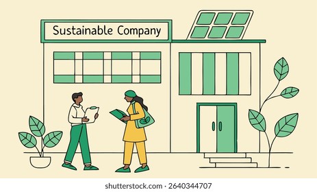 Two individuals engaging in discussion outside a sustainable company building featuring solar panels, greenery, and a bright sun, emphasizing eco-friendly practices and collaboration