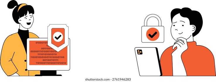 Two individuals engaging with secure digital data and authentication on their devices happily and thoughtfully