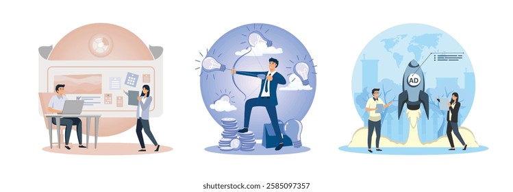 Two individuals engaging in teamwork one working on a laptop.  Business concept of a suited man en route. Business professionals brainstorming. Set flat vector modern illustration 