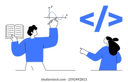 Two individuals explore data and coding concepts. One holds a book and writes a graph on a board, while the other points at coding symbols. Ideal for education, data science, programming, STEM