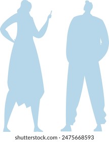 Two individuals face other, likely engaging conversation debate based body language, isolated white background. Silhouettes depict woman long dress holding phone device, man casual attire hands